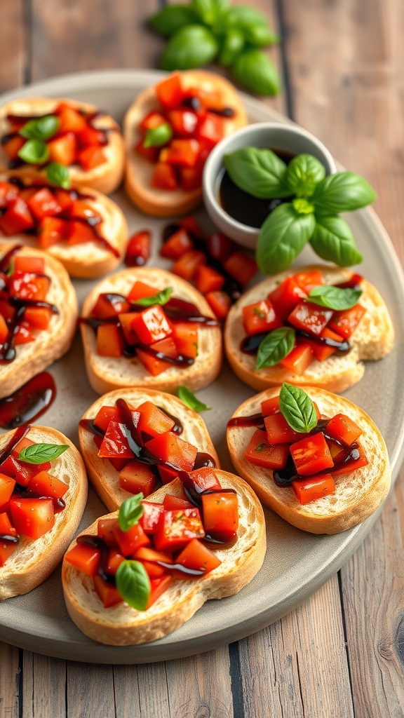 A platter of bruschetta topped with tomatoes, basil, and balsamic glaze on toasted bread.